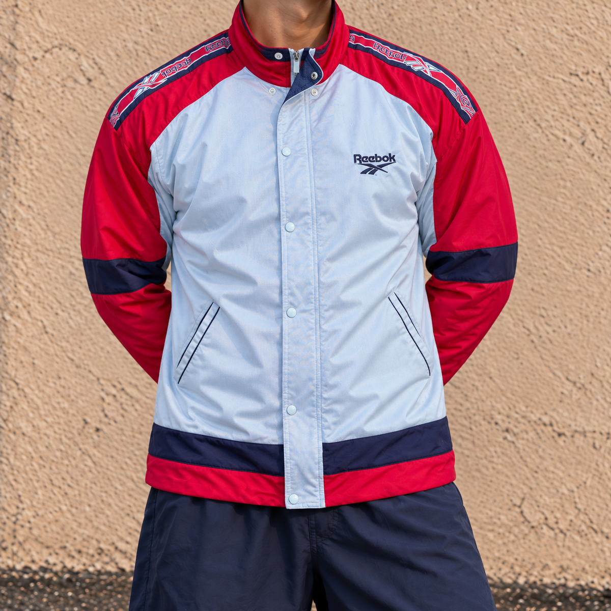 Vintage 90s Reebok Jacket Size XL Grey Red Detail Button Zip Arm Tape