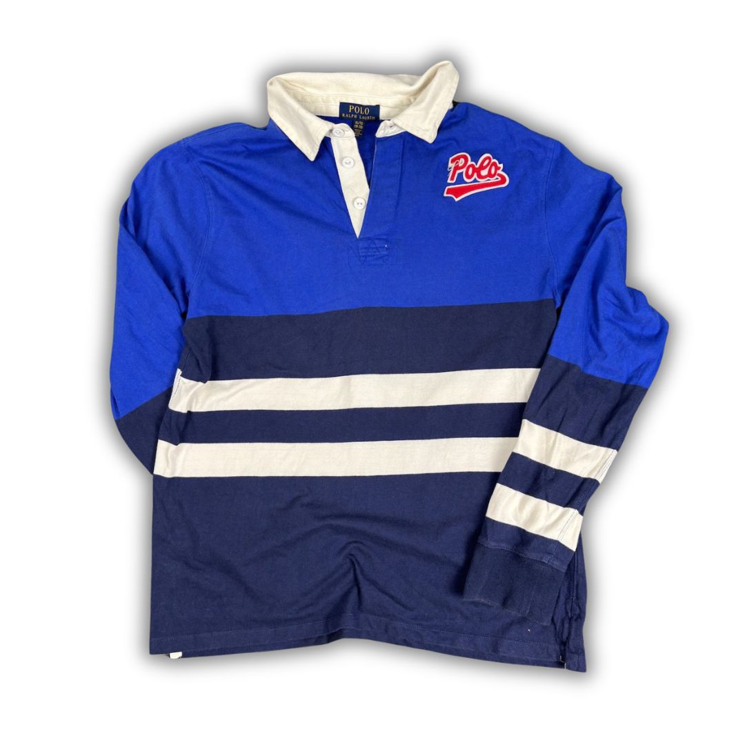 Modern Ralph Lauren Rugby Polo Women's XL Blue Striped Patch Spell Out Logo Collared