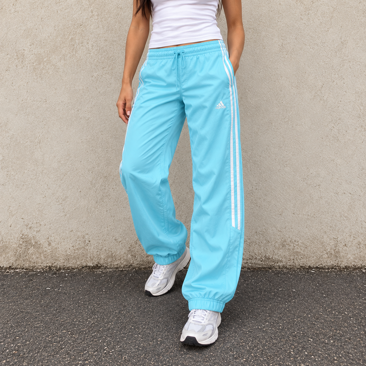 Vintage Y2K Adidas Track Pants Size S Blue White 3 Stripe Logo Windbreakers