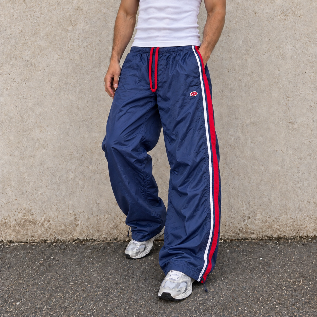 Vintage Y2K Nike Track Pants L Navy Red Cortez '72 Detail Wide Leg Bungee Ankle Windbreaker
