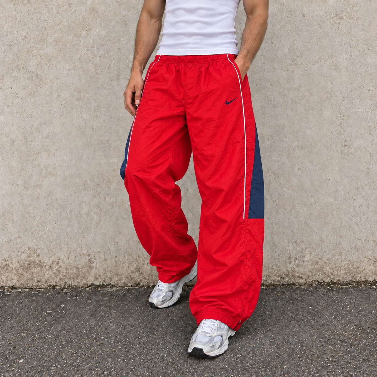 Vintage 00s Nike Track Pants Men's Medium Red Navy Mini Swoosh Cuffed Joggers