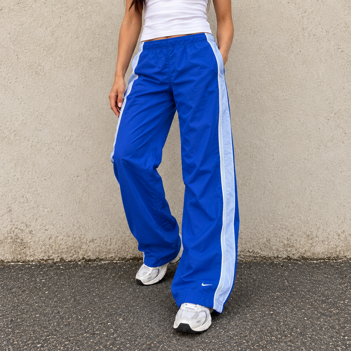 Vintage Y2K Nike Track Pants Women’s Size M Two-Tone Blue Wide Leg Ankle Slit Swoosh