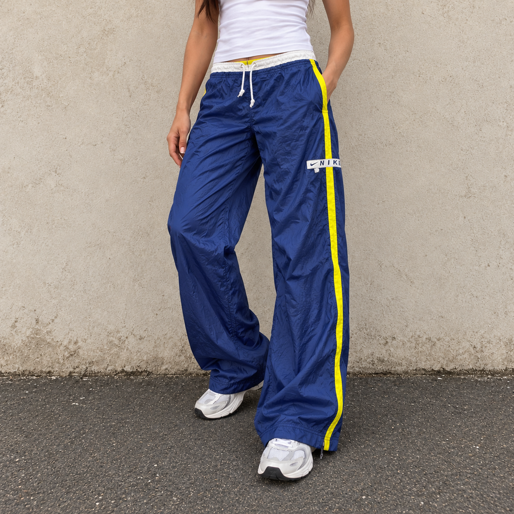 Vintage Y2K Nike Cargo Track Pants Women's S Navy Yellow Piping Spell Out