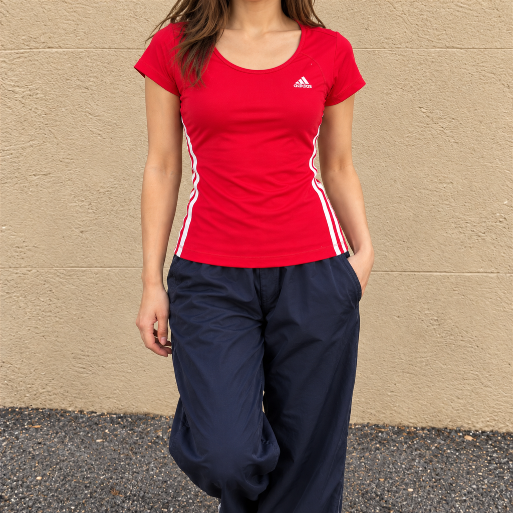 Adidas y2k Activewear Top Women's XS Red Three Stripe Baby Tee Petite