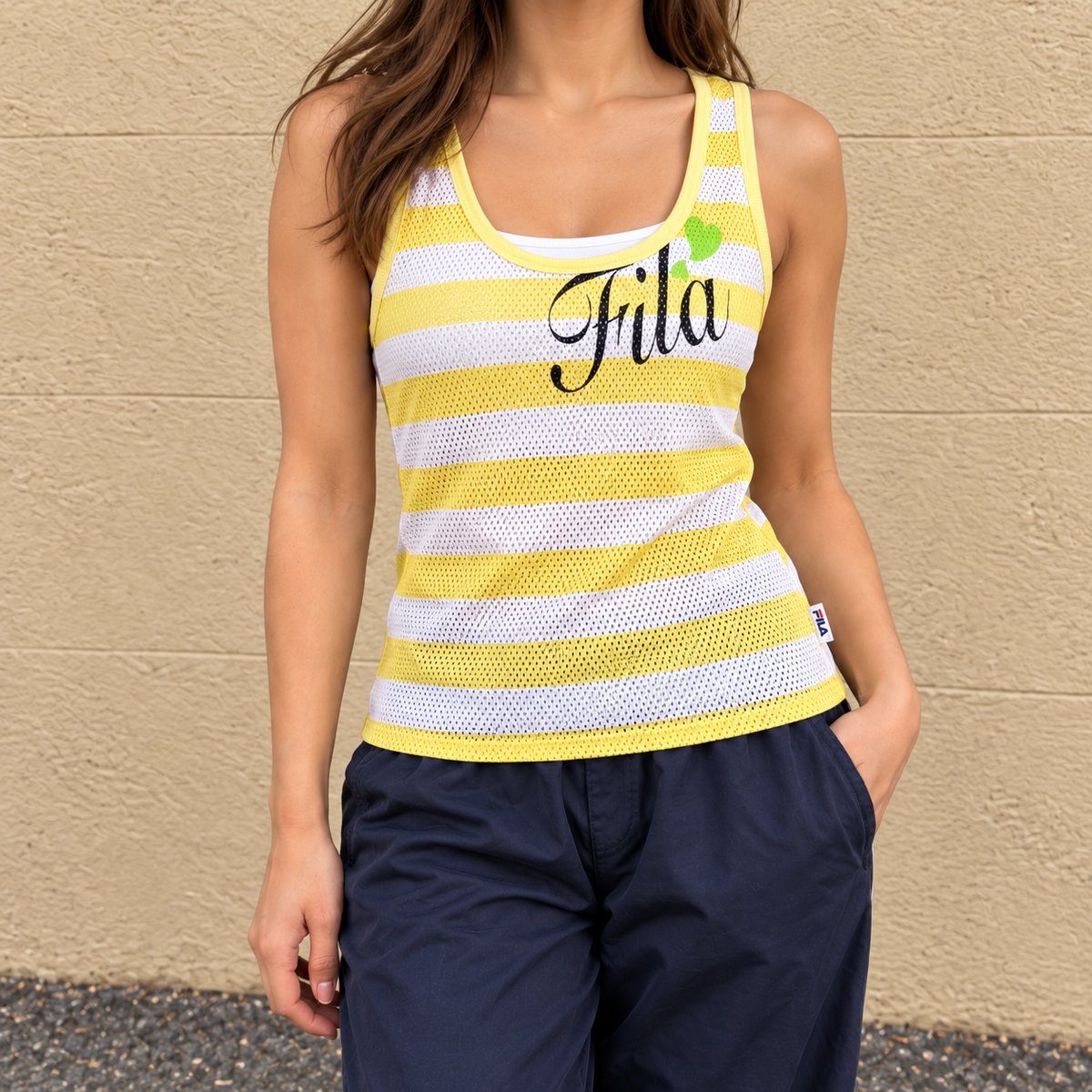 y2k FIla mesh tank top women's small yellow white activewear t-shirt