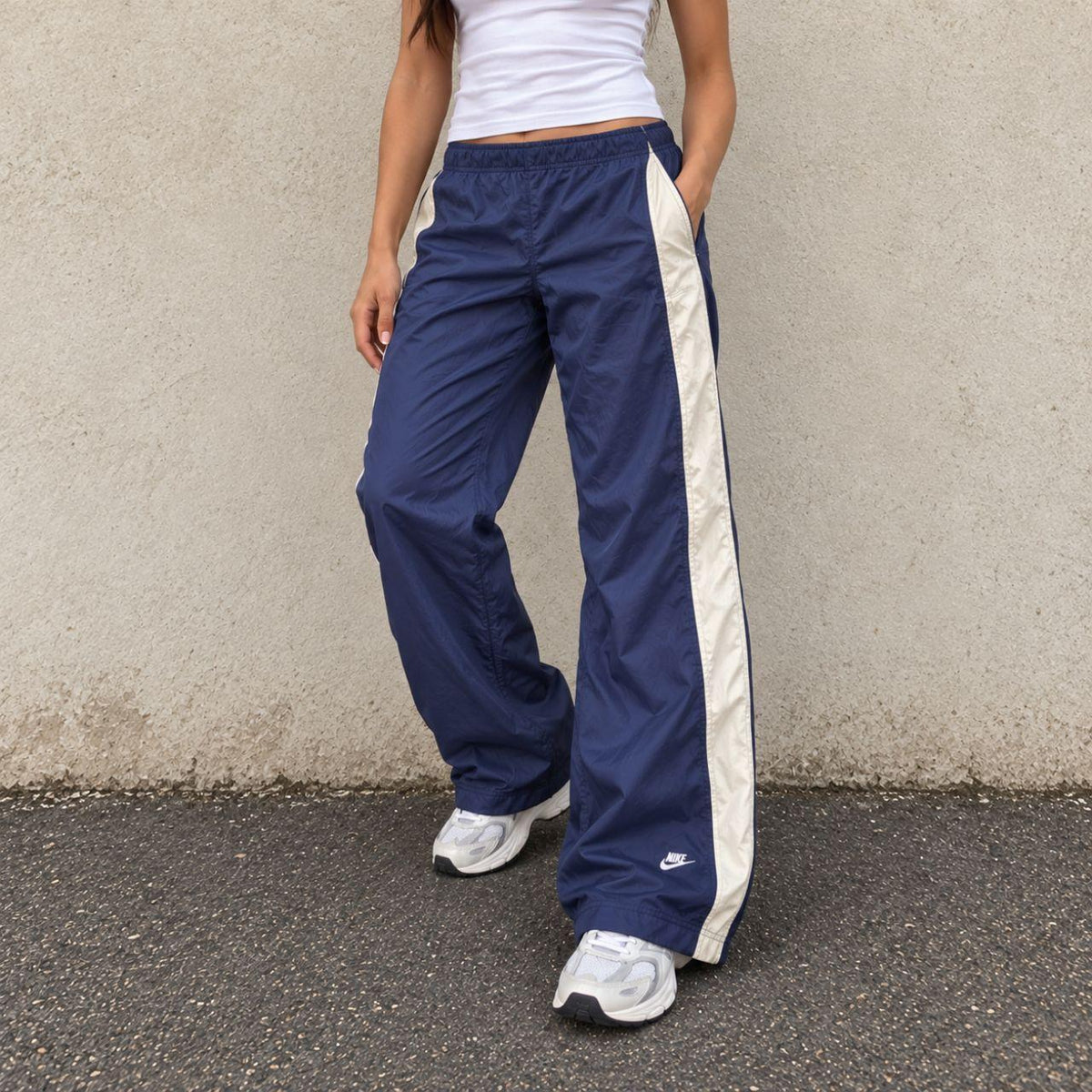 Vintage Nike Track Pants 00s Women's Large Navy Cream Stripe Ankle Swoosh