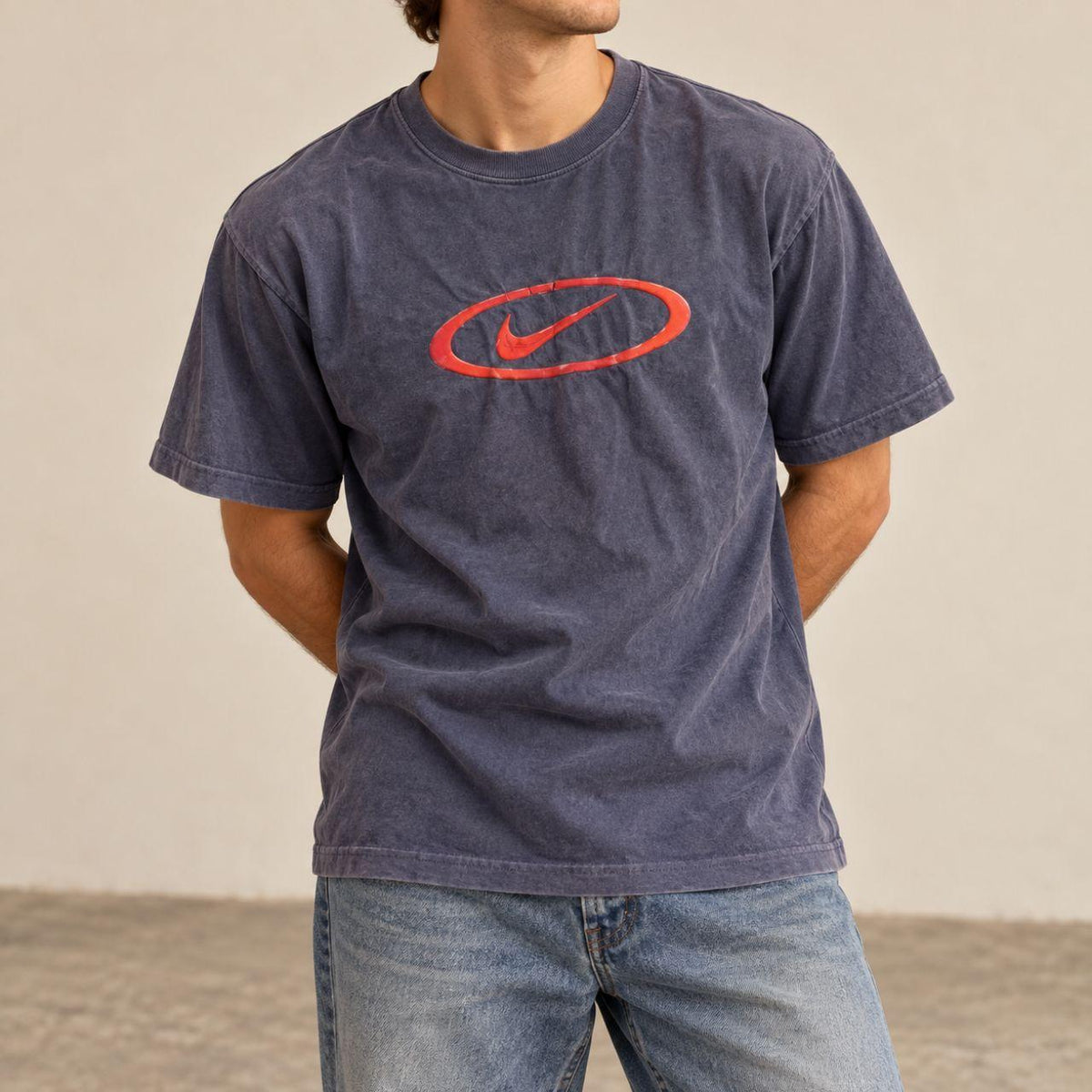 Vintage Y2K Nike T-Shirt Men’s S Navy Blue Cotton Red Embossed Logo Faded Crew Neck