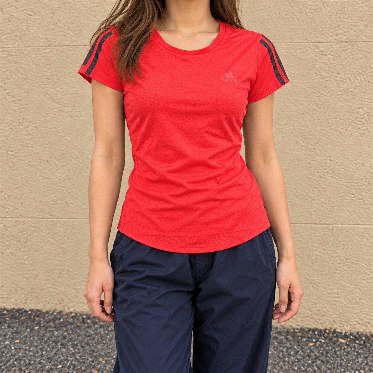 Adidas 3 Stripe Training Tee Red Black Curved Hem photo 1